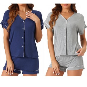 cheibear Women's Modal Button Up Short Sleeve T-shirt and Shorts Pajama Sets 2 Pcs - 1 of 4