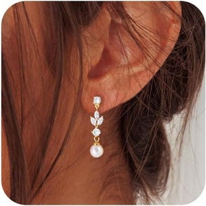 Dainty Pearl Drop Earrings 14k Gold Plated, Long Bridal Wedding Formal Dangle Earrings For Women - 1 of 4