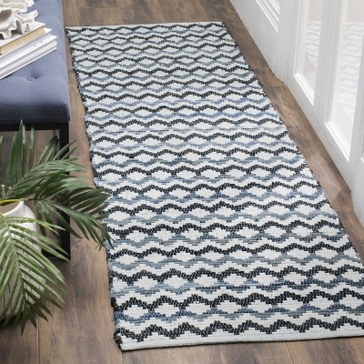 Off-White and Blue Geometric Hand-Woven Wool-Cotton Runner Rug - 27in x 10in