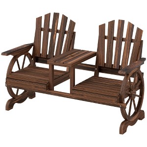 2-Seat Wooden Garden Bench with Table, Umbrella Hole, High Backrest, Armrests for Backyard, Patio, Garden - 1 of 4