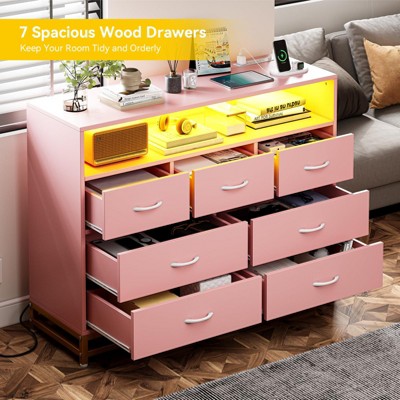 7-Drawer Wood Dresser with LED Lights & Charging Station - Modern Wide Chest, Large Storage for Bedroom, Living Room or Hallway