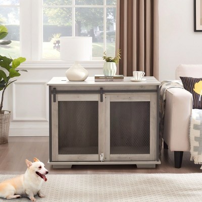 LAOTIES Dog Crate Furniture,Wooden Kennel End Table with Sliding Barn Door And Removable Divider