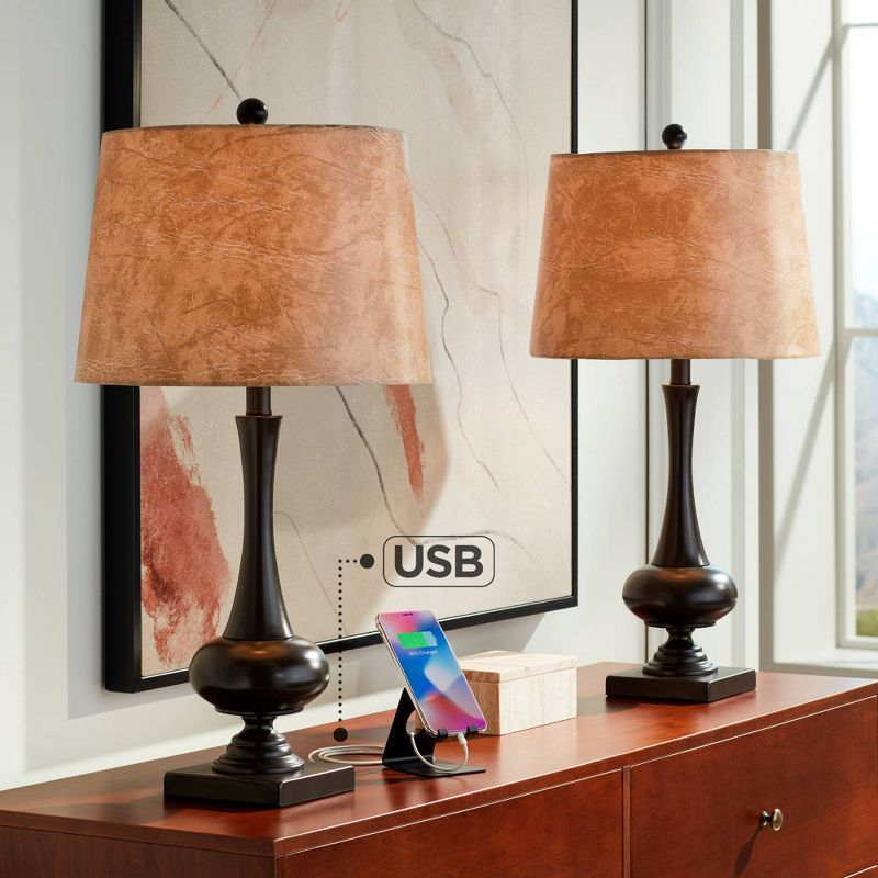 Franklin Iron Works Ross Rustic Farmhouse Table Lamps 27" Tall Set of 2 Bronze with USB Charging Port Faux Leather Drum Shade for Living Room Desk, 2 of 10
