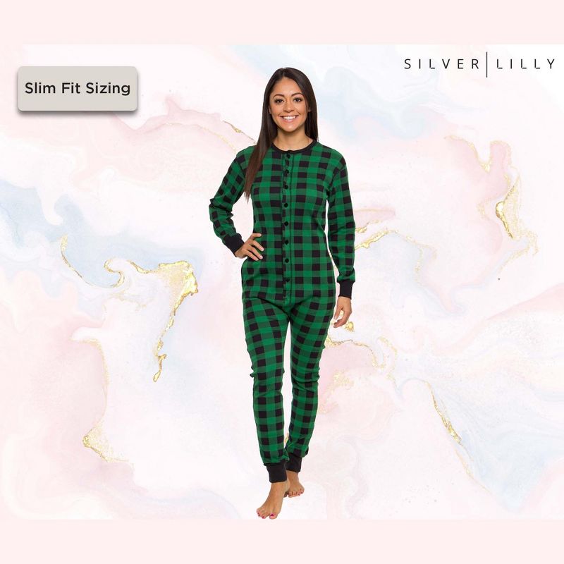 Silver Lilly - Slim Fit Women's Buffalo Plaid One Piece Pajama Union Suit with Functional Panel, 4 of 8