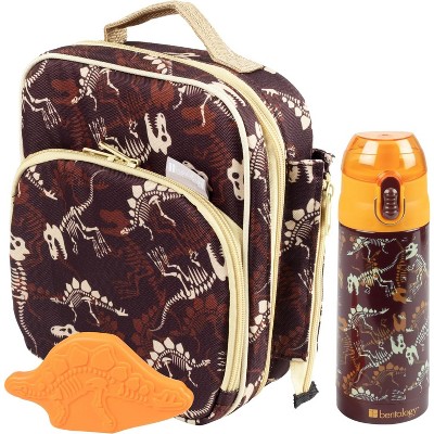 Bentology Lunch Bag Set w Matching Reusable Water Bottle & Hard Ice Pack- Orange Dinosaurs- Insulated Tote, Thermos, Hard Ice Pack- Kids, Boys & Girls