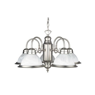 Sunset Lighting 5-Light Down Chandelier, Faux Alabaster Glass Dimmable Satin Nickel Finish