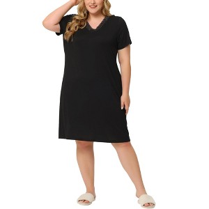 Agnes Orinda Women's Plus Size Solid Comfort Lace V Neck Short Sleeves Midi Knit Nightgowns - 1 of 4