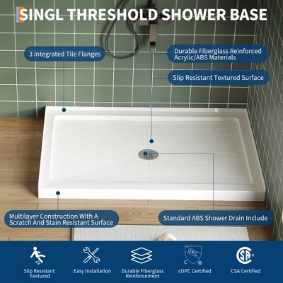 60"x32" Left Drain Shower Pan, Single Threshold Base, Non-Slip Textured Surface, Lightweight ABS Shower Base, Easy Install, Includes Drain Kit