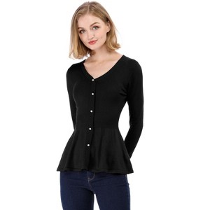 Allegra K Women's Slim Fit V-Neck Long Sleeve Ribbed Pullover Knitted Peplum Sweater - 1 of 4