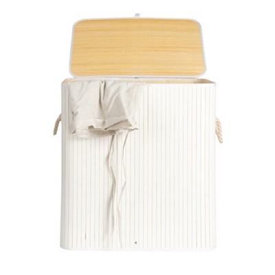 White Bamboo Laundry Hamper with Rope Handles and Lid