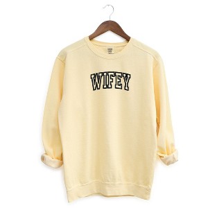 Simply Sage Market Women's  Garment Dyed Graphic Sweatshirt Embroidered Wifey Arched Varsity - 1 of 3