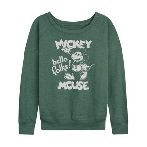 Women's - Disney - Mickey Mouse Hello Folks Lightweight French Terry Wide Neck Long Sleeve Shirt - 1 of 4
