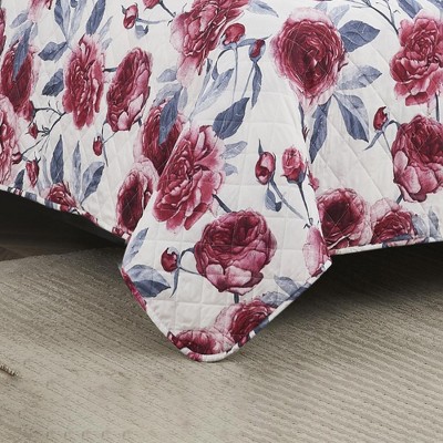 King Size Red Floral Microfiber Quilt Set