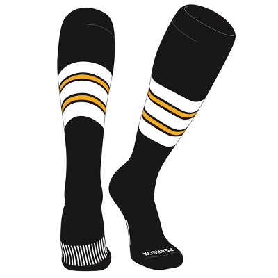PEAR SOX Striped OTC Baseball, Softball, Football Socks (E) Black, White, Gold (L)