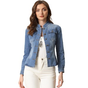 INSPIRE CHIC Women's Button Front Stand Collar Long Sleeve Jean Jackets with Pockets - 1 of 4