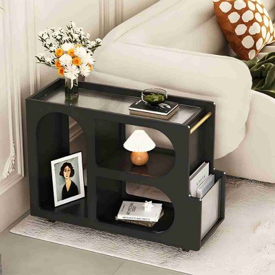 Mobile Accent Tables With Lockable Wheels, End Table With Storage Drawer, 11.8Inch Narrow Nightstand With Multi-Layer Storage-Cuddlewood