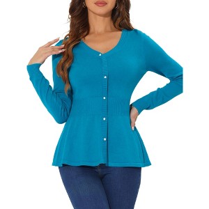 Allegra K Women's Slim Fit V-Neck Long Sleeve Ribbed Pullover Knitted Peplum Sweater - 1 of 4