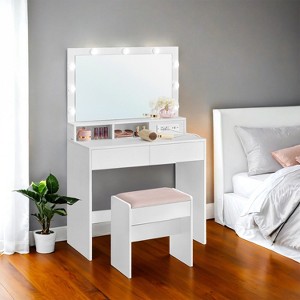 Modern Makeup Vanity Desk with Mirror, Lights, and Power Outlets: Stylish Storage Solution for Bedroom Beauty Routines - 1 of 4