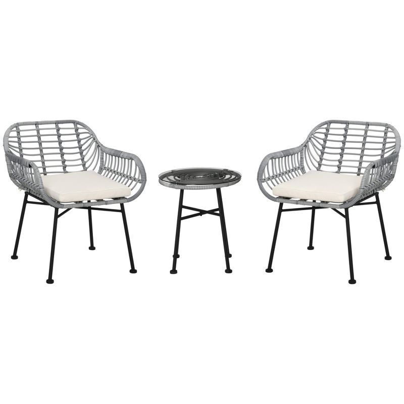 Outsunny 3-Piece Patio Rattan Chair and Table Furniture Set, Outdoor Bistro Set with Two Chairs and Coffee Table for Garden, or Backyard, 4 of 7