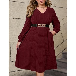 Women's V-Neck Batwing Sleeve Sweater Dress with Elastic Waist Belt - 1 of 4