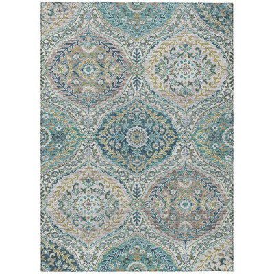 Teal Blue Fern Green And Beige Floral Washable Indoor Outdoor Area Rug