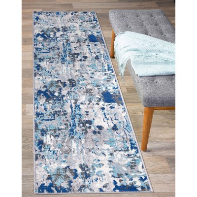 Durham Blue Abstract Synthetic Runner Rug 2' x 7'