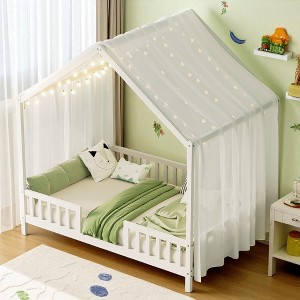Mshliw Montessori Floor Bed with Canopy and Sheer Curtains, Twin/Full Wooden House Bed Frame,Toddler Bed with Railings, Kids Platform Bed with Roof - 1 of 4