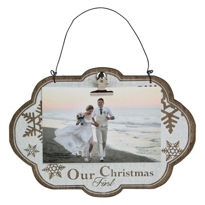 Melrose 9.5" "Our First Christmas" Wooden Picture Frame - Glittery White/Brown