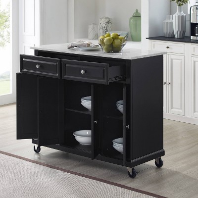 Avery Distressed Black Kitchen Island with Faux-Marble Top