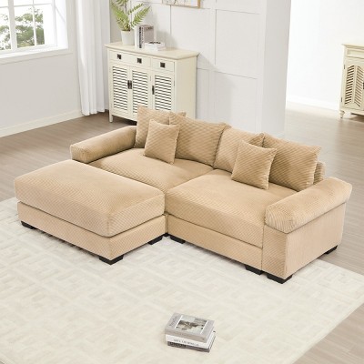 92" Modular Corduroy Sectional Sofa with Ottoman and 6 Throw Pillows, L-Shaped Oversized Cloud Couch for Living Room or Bedroom–The Pop Home