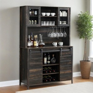 70" Tall Farmhouse Coffee Bar Cabinet with Hutch, Wine Rack, Sliding Barn Doors, Buffet Sideboard - 1 of 4