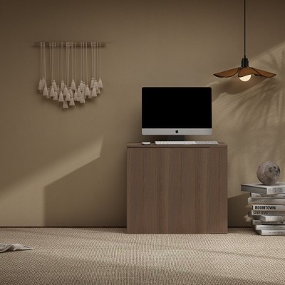 FUFU&GAGA Modern Expandable Walnut - toned Stretch Desk with Drawers and Storage Shelves - Ideal for Home Office and Study Spaces