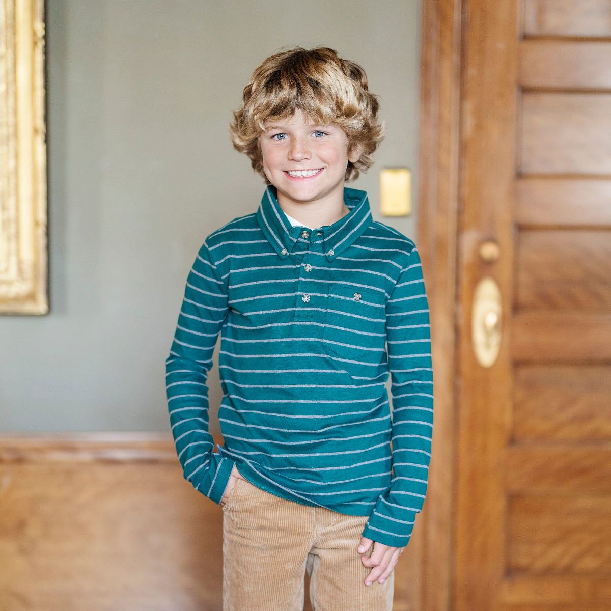 Hope & Henry Boys' Organic Long Sleeve Jersey Knit Polo Shirt , Kids - thumbnail 2
