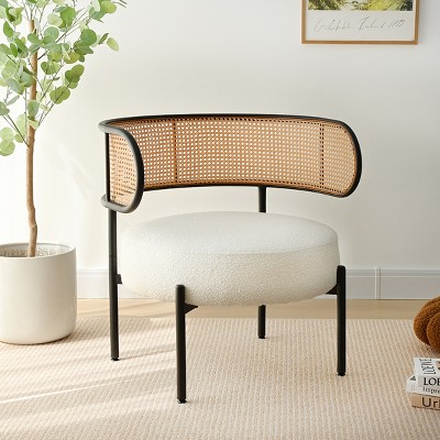 Boucle Accent Chair with Rattan Back,Boucle Rattan Accent Chair with Black Metal Base,Cane Accent Chair For Living Room-The Pop Home
