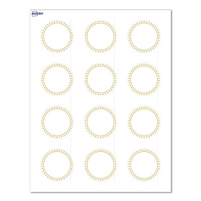 Avery Labels, 2" Diameter, Matte White, Gold Border w/ Gold Dots, 120ct