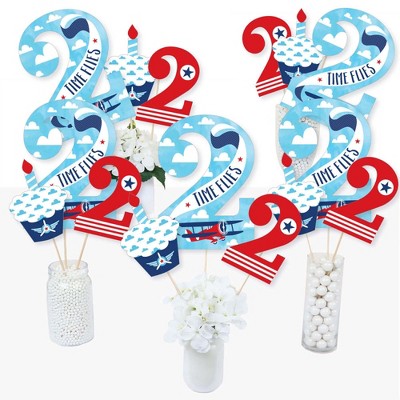 Big Dot of Happiness 2nd Birthday Taking Flight - Airplane - Vintage Plane Second Birthday Party Centerpiece Sticks - Table Toppers - Set of 15