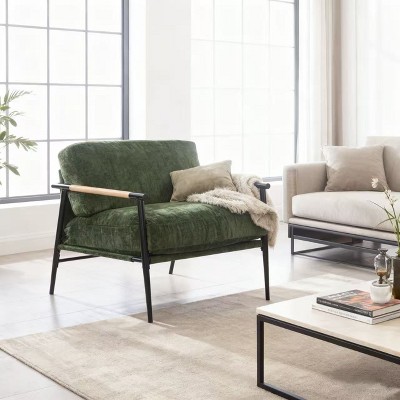 Homy Casa Modern Lounge Accent Chair with Upholstered Seat, Metal Frame and Wooden Armrests, Green