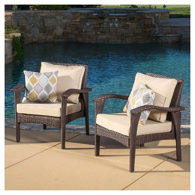Hilary Brown Wicker Outdoor Club Chairs with Tan Cushions, Set of 2