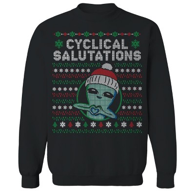 Rerun Island Men's Strange Planet: Cyclical Salutations Festive Knit Christmas Long Sleeve Graphic Cotton Pullover Sweatshirt