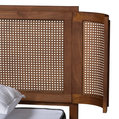 King Walnut Wood and Rattan Platform Bed with Woven Headboard