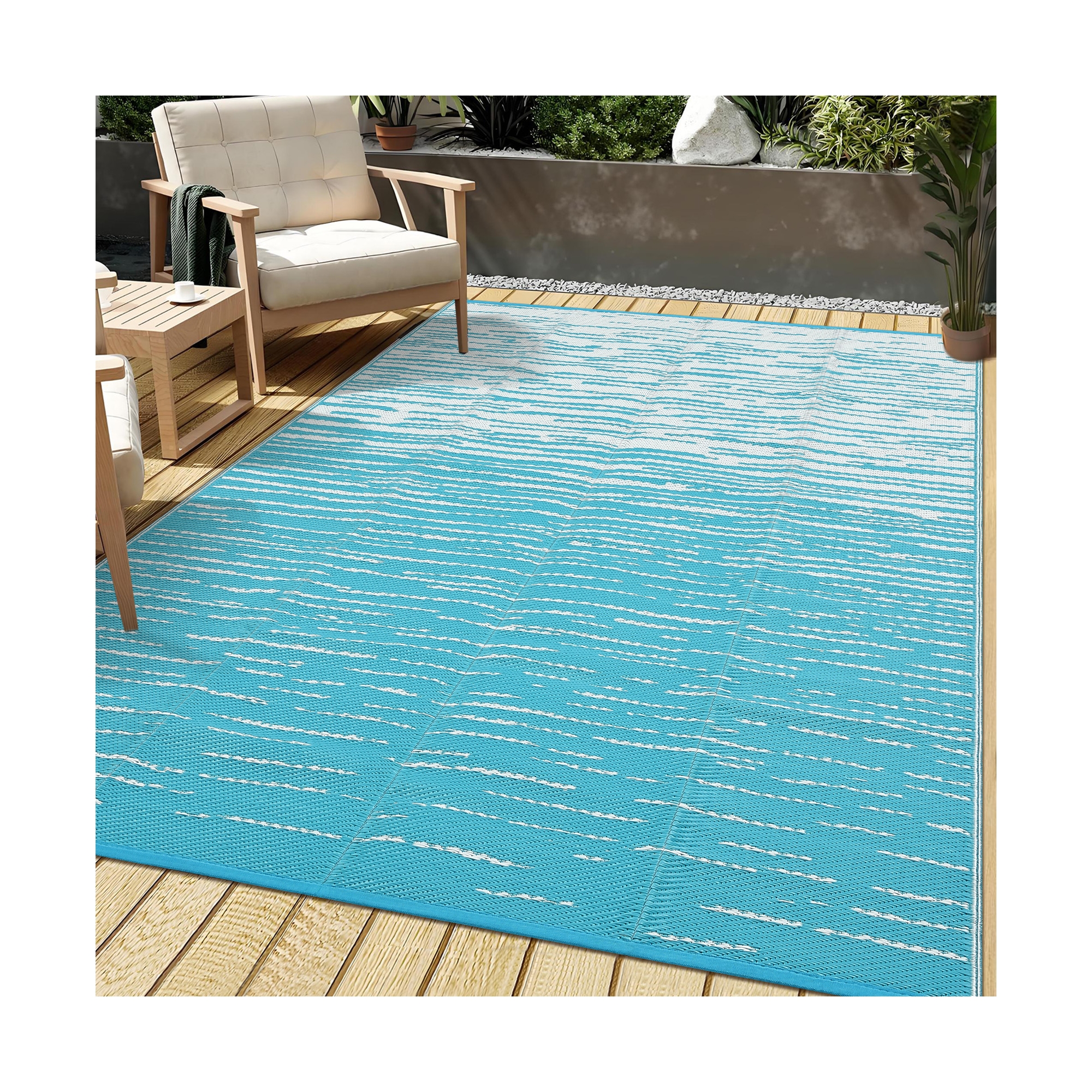 coucheta Patio Rugs, Modern Waterproof Striped Outdoor Rug, Foldable Plastic Straw Rugs, Reversible for Picnic Backyard Balcony, 6'x9', Light blue