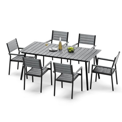 Crestlive Products Outdoor Dining Set Patio Dining Table Wooden-Like Top and Aluminum Frame Umbrella Hole