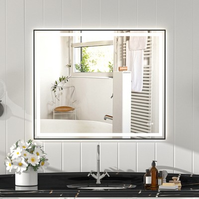 JUJABU 48''x40" Black Tempered Bathroom Mirror with Front and Back Lighting