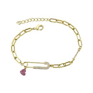 Children's gold with pink cubic zirconia safety pin dangle heart charm adjustable bracelet - 1 of 3