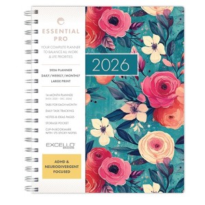 Essential PRO 2026 Daily, Weekly/Monthly Planner, 7"x9": 14 Months (Nov 2025-Dec 2026) Tabs,Notes Pages,Storage Pocket,Bookmark (Teal Floral) - 1 of 4
