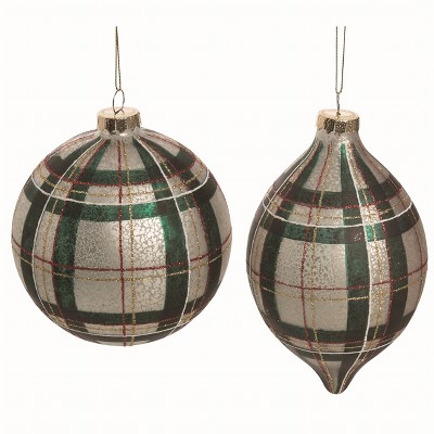 Transpac Glass Green Stripe Plaid Ornament Set of 2 Christmas Home Decorations