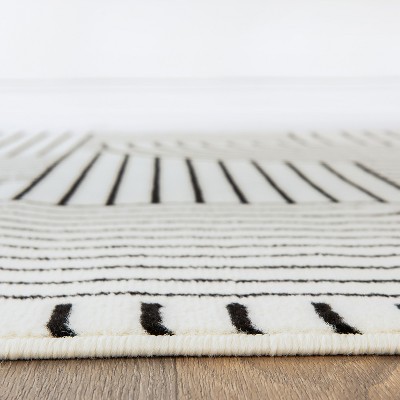 Cream and Black Abstract Synthetic Runner Rug, 2'x7'