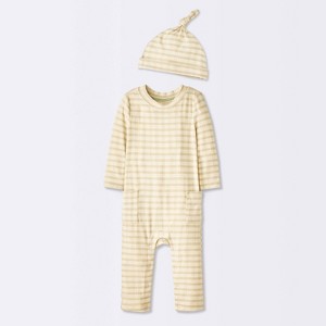 Baby Jacquard Checkered Romper & Hat - Cloud Island™ Tan - 1 of 4