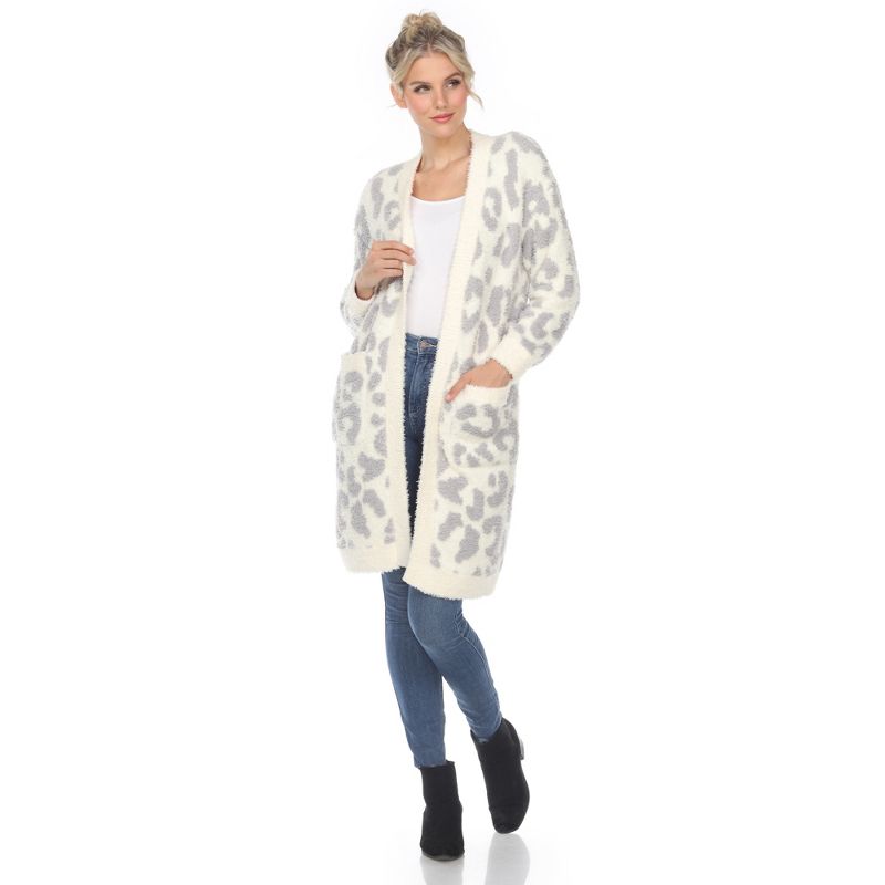 Women's Leopard Print Open Front High Pile Fleece Coat - White Mark, 2 of 6