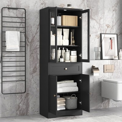 TIRAMISUBEST Tall Bathroom Storage Cabinet, Cabinet with Four Doors and Drawers, Adjustable Shelf, MDF Board, Black